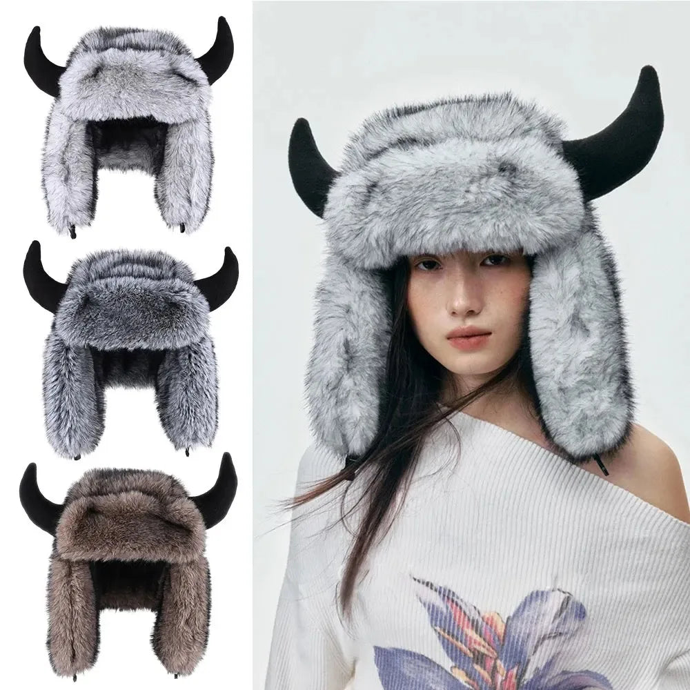 Women Horn Aviator Hat Faux Fur Lined Thick Warm Winter Ski Hat With Ear Flaps Versatile Cow Head Shape Cold Weather Accessory