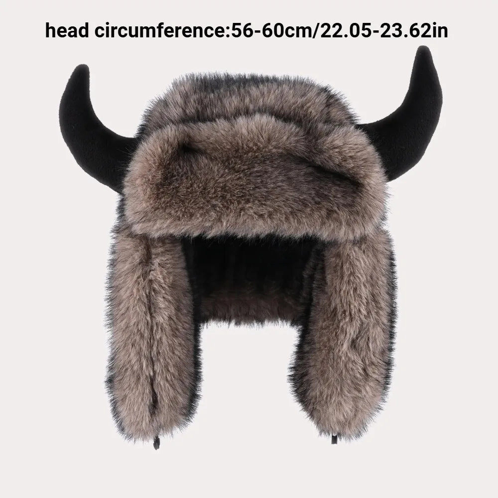 Women Horn Aviator Hat Faux Fur Lined Thick Warm Winter Ski Hat With Ear Flaps Versatile Cow Head Shape Cold Weather Accessory