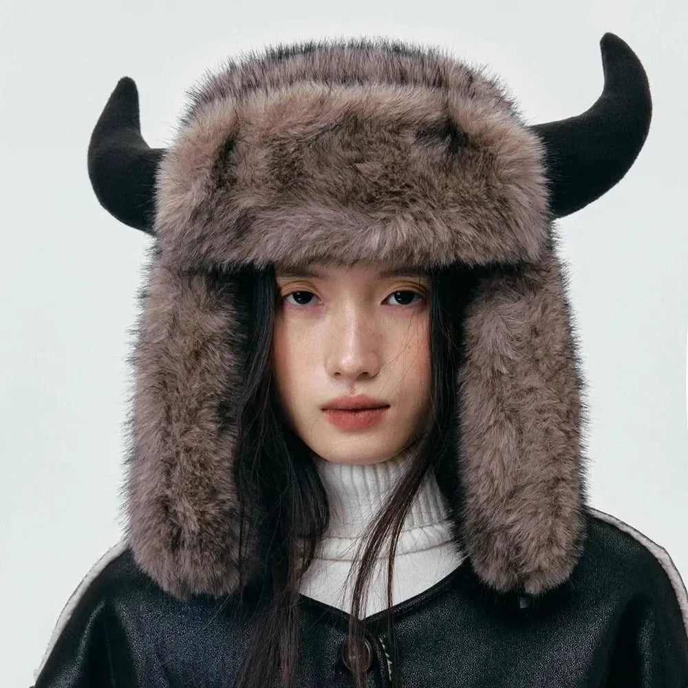 Women Horn Aviator Hat Faux Fur Lined Thick Warm Winter Ski Hat With Ear Flaps Versatile Cow Head Shape Cold Weather Accessory