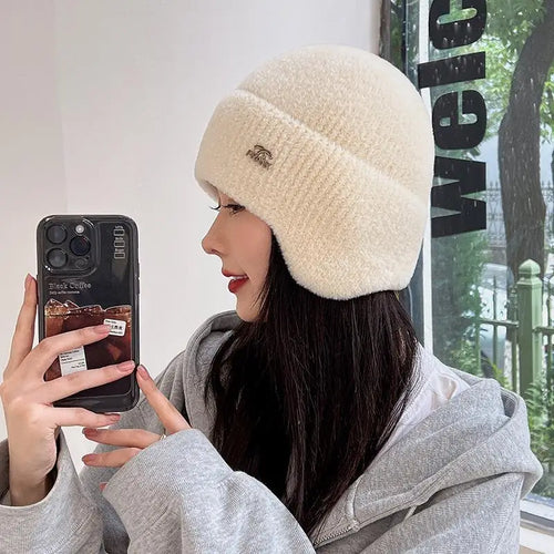 Hot Sale Women Soft Winter Hat Earflap Beanie Hat Streetwear Faux Fur Warm Caps For Female Casual Knitted Hat