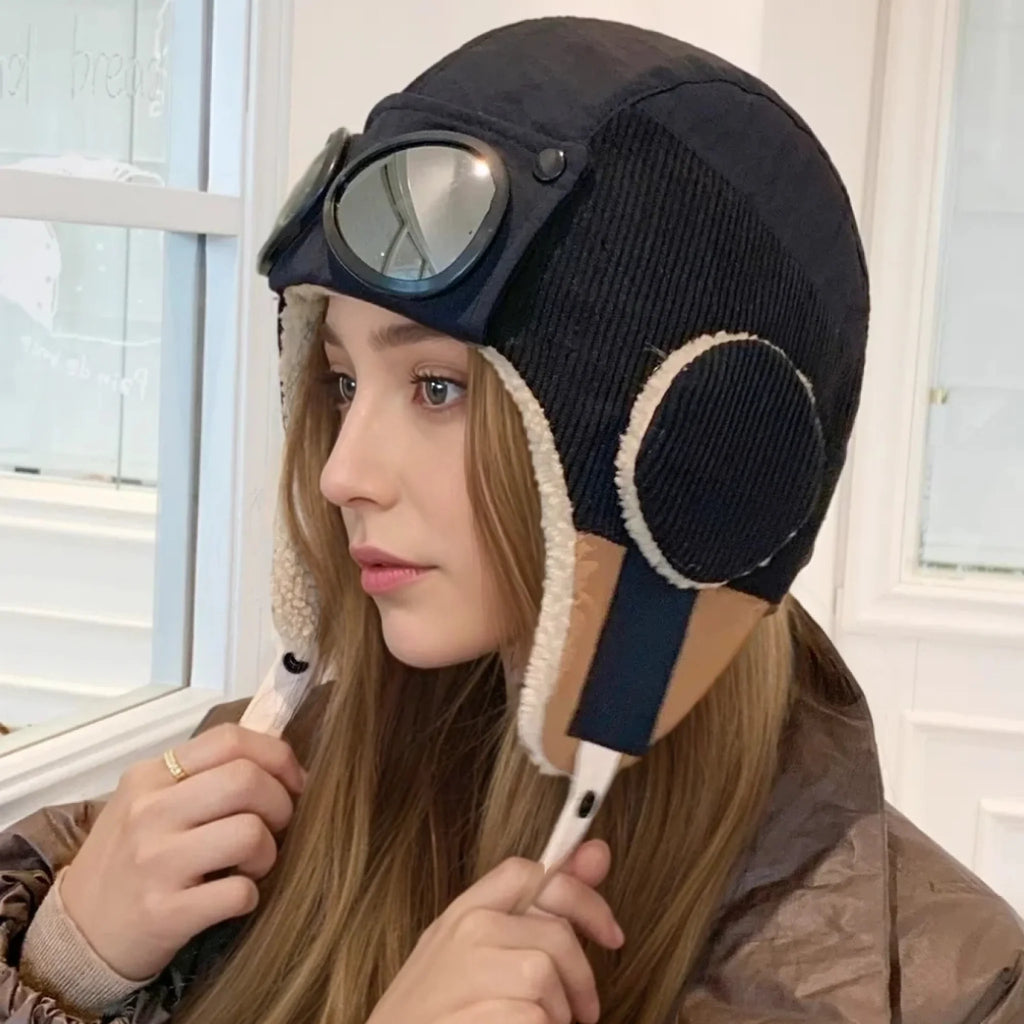 New Women Warm Bomber Hats With Goggles Plush Fur Winter Hat With Earflap Winter Chic Cap For Female