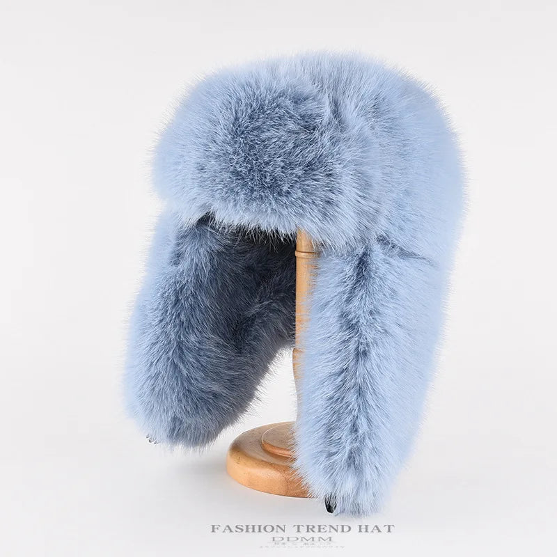 Fashion Women Plush Fluffy Fleece Hats Y2K Blue Imitation Marten Fur Windproof Warm Ear Protection Ski Hat Winter Beanies Hat