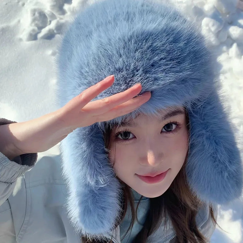 Fashion Women Plush Fluffy Fleece Hats Y2K Blue Imitation Marten Fur Windproof Warm Ear Protection Ski Hat Winter Beanies Hat