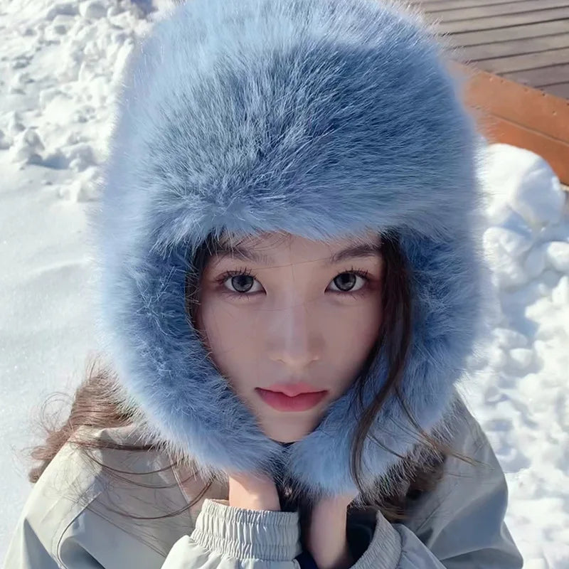 Fashion Women Plush Fluffy Fleece Hats Y2K Blue Imitation Marten Fur Windproof Warm Ear Protection Ski Hat Winter Beanies Hat
