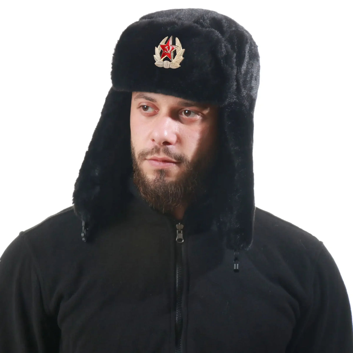 Russian Ushanka Hat for Men & Women - Vintage Soviet Style Winter Hat with Badge, Faux Rabbit Fur Bomber with Earflaps